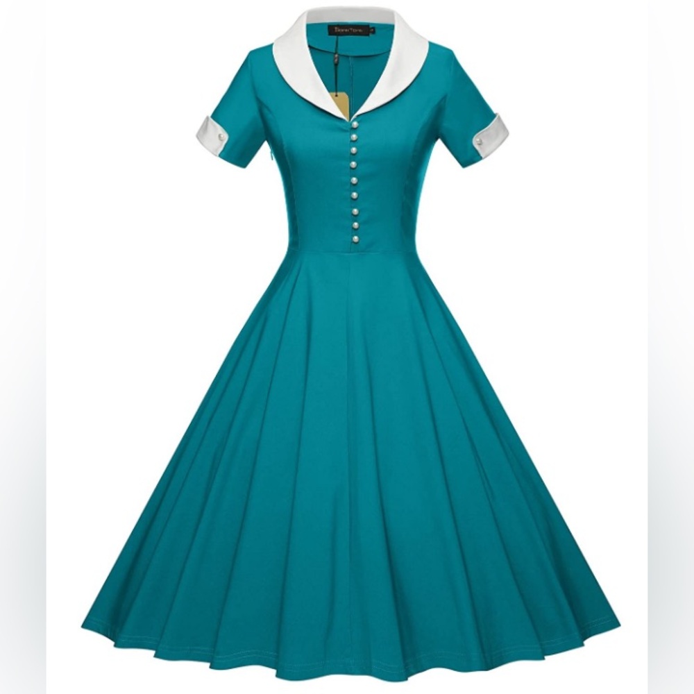 NWT GownTown Womens 1950s Cape Collar Vintage Swing Dresses, blue Medium